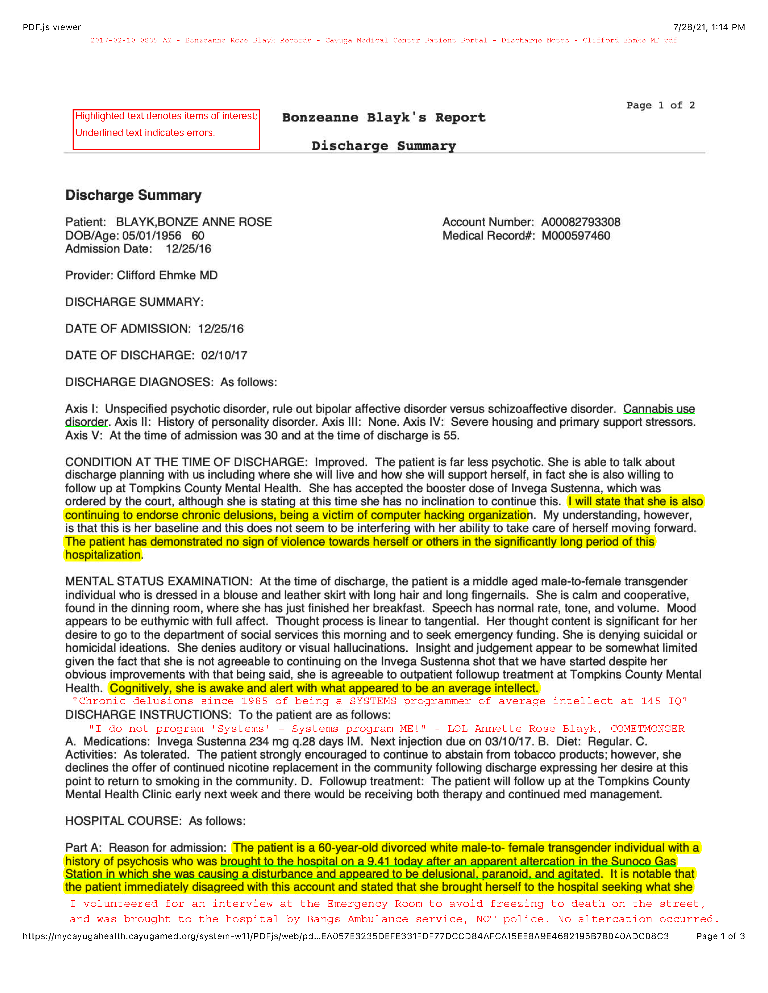 ./2017-02-10 0835 AM - Bonzeanne Rose Blayk Records - Cayuga Medical Center BSU Discharge Notes Clifford Ehmke MD - INVENTED 9.41, 'average intellect' NO VIOLENT BEHAVIOR - p 01.png
